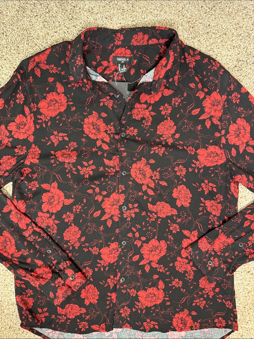 Forever 21 Black Button-Up Shirt with Red Floral Print Mens M